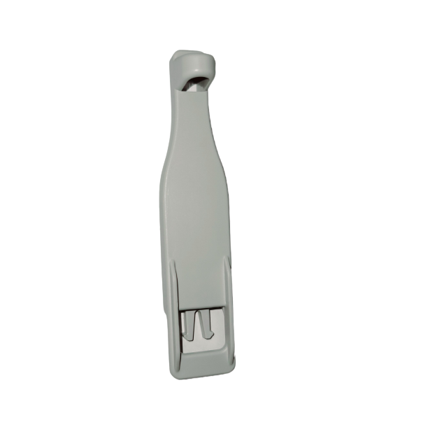 DR 4-000-086 A gray plastic seat belt buckle holder with a curved top and slot for securing a seat belt, offering convenience similar to the Pipet-Aid Hood Mate Hose Support (Drummond).
