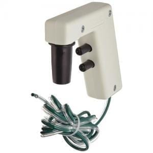 The Original Pipet-Aid Complete Handle Assembly (Drummond) is a handheld white electric pump with a black spout, two buttons, and an ergonomic handle, connected to a coiled clear plastic tube with a green stripe.