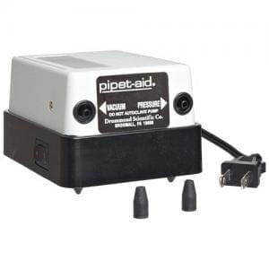 The Original Pipet-Aid Complete Pump, 110V (Drummond), features a black base, silver top labeled vacuum and pressure, power cord, and two rubber nozzle attachments—an efficient all-in-one lab solution.
