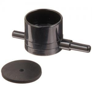 The Original Pipet-Aid Vacuum Valve Housing for Pump (Drummond) includes a black plastic connector with dual side nozzles and a separate round black rubber disk, shown on a white background.