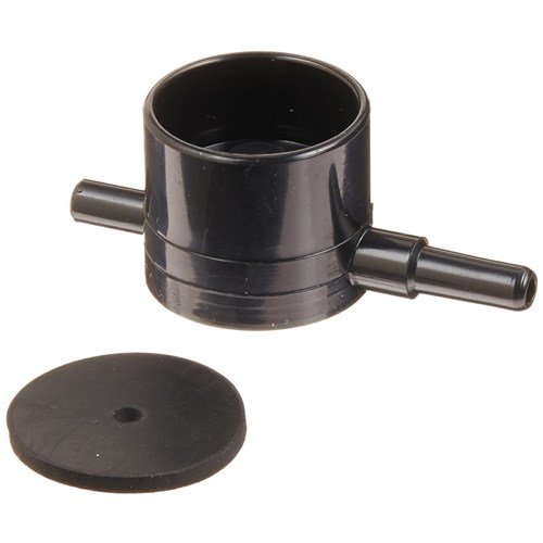 The Original Pipet-Aid Vacuum Valve Housing for Pump (Drummond) includes a black plastic connector with dual side nozzles and a separate round black rubber disk, shown on a white background.