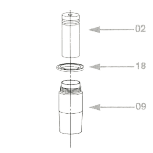 An exploded technical drawing displays the Original Pipet-Aid Nose Ring (Drummond) cylindrical container with three labeled parts: 02 (cap), 18 (nose ring or seal), and 09 (base).