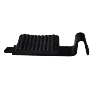 Black plastic clip with a ridged surface and curved hook, designed for use with the Portable Pipet-Aid XP Nose Piece Release (Drummond), shown against a white background.