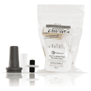 The Drummond Pipet-Aid EZ Grip Nosepiece Kit, TC, features a gray cap and four filters. Compatible with Pipet-Aid devices, it comes in a clearly labeled plastic bag for easy identification.