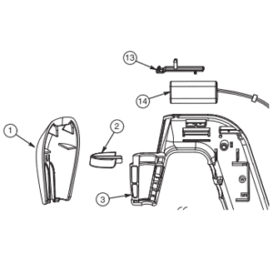 Technical diagram of Portable Pipet-Aid XP2 Filter Lock (Drummond) showing numbered parts: cover (1), small part (2), third component (3), and external battery/module with cable (13, 14).