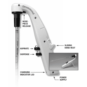The Drummond Portable Pipet-Aid XL Sliding Hand Rest is shown with labeled parts: nose-piece release, sliding hand rest, aspirate and dispense buttons, charging indicator LED, power supply, and an inset of the complete device.