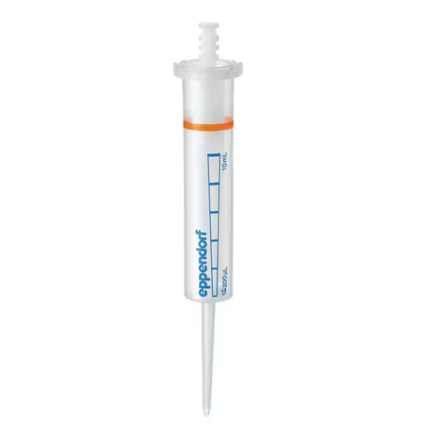 A sterile Eppendorf Combitips Advanced 10mL tip (orange band, blue markings), ideal for precise liquid handling; pack of 100 tips.
