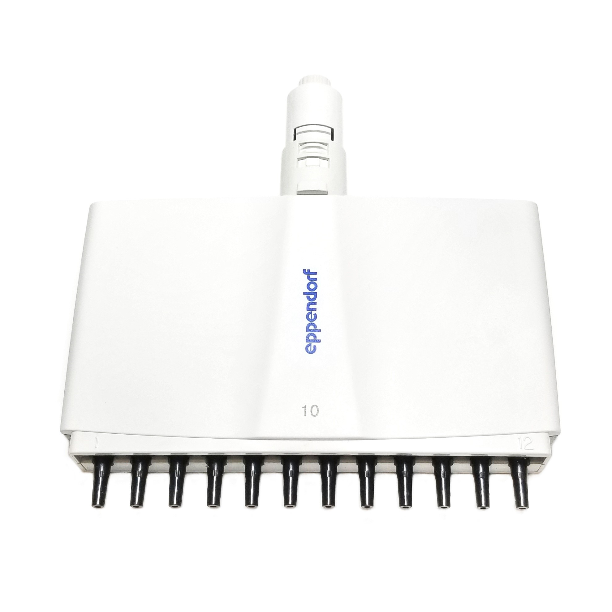 EP 3122602000 A medium gray Eppendorf Research Plus 12-channel multichannel pipette lower part complete (10μL) is displayed with twelve black pipette tips on a plain background.