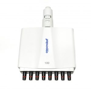 A yellow Eppendorf Research Plus Lower Part Complete multichannel pipette with 8 channels, 100 μL capacity, designed for precise lab liquid handling.
