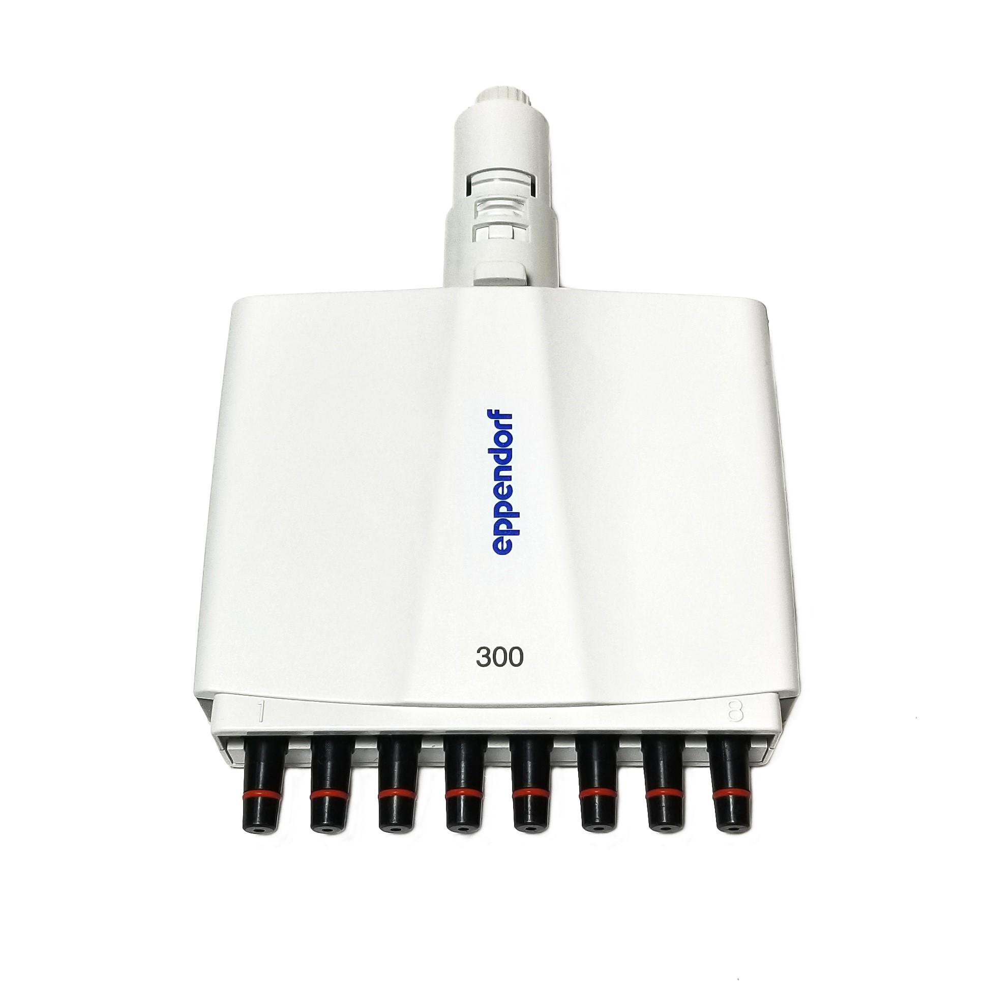 EP 3122605000 An orange Eppendorf Research Plus Lower Part Complete multichannel pipette, 8 channels, 300μL capacity, with eight black dispensing tips viewed from above against a white background.