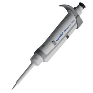 A dark gray Eppendorf Research Plus Single Channel Variable Volume Pipette (0.1–2.5μL) for precise liquid measurement in laboratories.