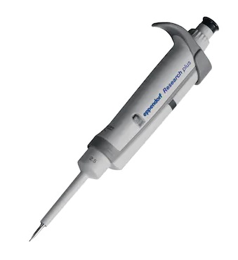 A dark gray Eppendorf Research Plus Single Channel Variable Volume Pipette (0.1–2.5μL) for precise liquid measurement in laboratories.