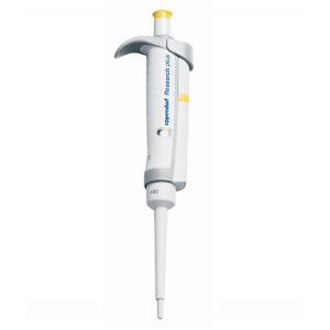 An Eppendorf Research Plus Single Channel Pipette, variable volume 0.1-2.5μL, with a dark gray body.