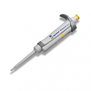 The Eppendorf Research Plus Pipette is a single-channel, variable volume (20-200μL) model with yellow accents, designed for precise liquid dispensing.