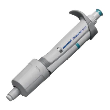 A turquoise Eppendorf Research Plus Pipette, single channel with variable volume from 1-10mL, is commonly used in laboratories.