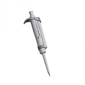 A Research Plus Pipette, Single Channel, Variable Volume (0.5-10μL), Medium Gray by Eppendorf, isolated on a white background.