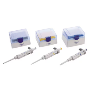 Three Eppendorf Research Plus Single Channel Variable Volume Pipettes (10μL, 100μL, 1000μL, 3 pack) are aligned side by side in front of matching pipette tip boxes on a clean white background.