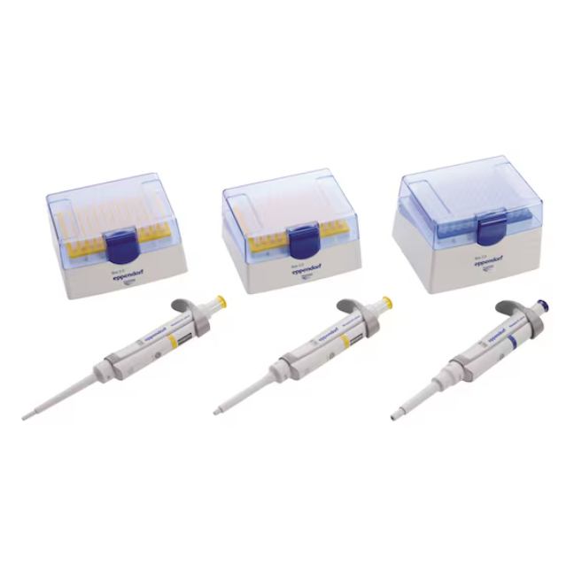 Three Eppendorf Research Plus Single Channel Variable Volume Pipettes (20μL, 200μL, 1000μL) from the 3 Pack are arranged in front of boxes of pipette tips, all in a row on a white background.