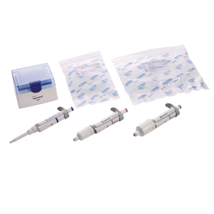 Three Eppendorf Research Plus single-channel variable volume pipettes (1000μL, 5000μL, 10mL) and a box plus two packs of individually wrapped pipette tips are arranged on a white background.
