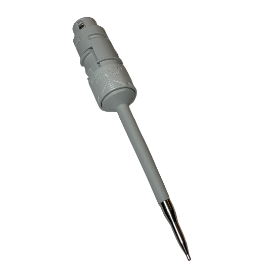 A close-up of the Reference 2 Lower Part, Dark Gray, 2.5μL (Eppendorf), showing its long metal probe and plastic casing, isolated on a white background.
