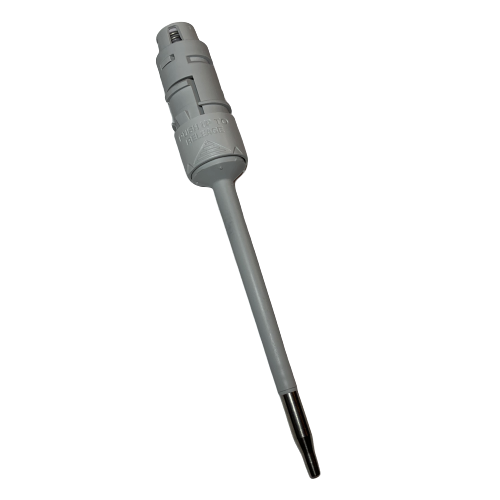 The Reference 2 Lower Part, Medium Gray, 10μL (Eppendorf) pipette features a digital volume indicator and metal tip for precise measurements, shown on a white background.