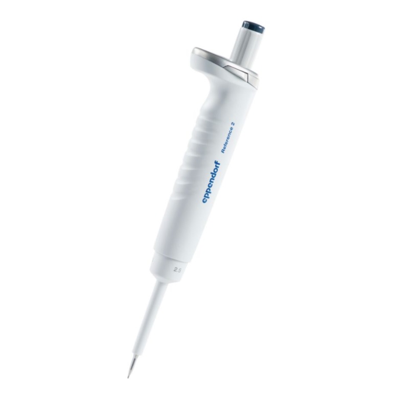 The Reference 2 Pipette is a dark gray, single channel Eppendorf model with variable volume (0.1-2.5μL) for precise liquid measurement in laboratories.