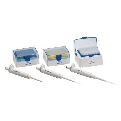 Three Eppendorf Reference 2 single channel variable volume pipettes (10μL, 100μL, 1000μL) are shown in front of three boxes of colored variable volume pipette tips (blue, yellow, and clear).