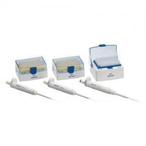 Three Eppendorf Reference 2 Single Channel Variable Volume Pipettes (20μL, 200μL, 1000μL) are displayed in front of three boxes of pipette tips with different sizes against a plain background.