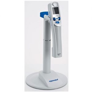 The Eppendorf Repeater E3 Electronic Dispenser Bundle Set includes a charger stand and features a digital display with control buttons for precise pipetting.