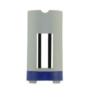 The Research Plus Display Window, Variable Volume, 1000μL (Eppendorf) is a cylindrical white and blue plastic pipette featuring a central rectangular window displaying two black vertical bars.