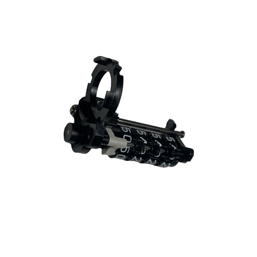 EP3120822003 The Eppendorf Research Plus Counter Assembly, 5000µL, features a black and silver finish with a ring clamp, adjustment knob, and numbered markings, shown isolated on a white background.