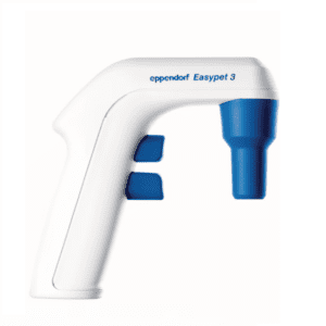 The Easypet 3 Pipette Controller by Eppendorf features a white and blue design, a trigger-style grip, and two control buttons for precise liquid handling.