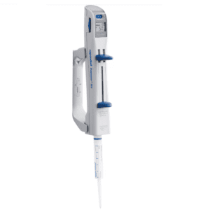 The Repeater M4 Starter Kit (Eppendorf) features a digital laboratory pipette with a small display, blue control buttons, and a disposable tip, mounted on a wall holder.