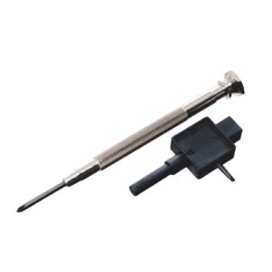 An Eppendorf Service Tool Kit for Nose Cone Rings, Multichannel, 300μL is shown on a plain background, featuring a small flathead screwdriver and a black plastic device with a protruding metal rod.