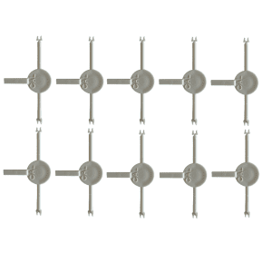 Ten identical gray Research Plus Safety Plugs (Eppendorf), each labeled "CAL" at the center with four arms, are arranged in a grid on a white background. The set includes 10 pieces designed for precise laboratory applications.