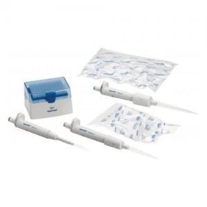 Three Eppendorf Reference 2 single channel variable volume pipettes (1mL, 5mL, 10mL) from a 3 pack are displayed with pipette tips and a blue-topped tip box on a white background.