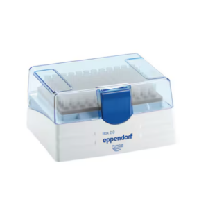 A closed Eppendorf pipette tip box with a transparent blue lid and white base, labeled Box 2.0—ideal for use with the Research Plus Pipette, Multichannel, 8 Channel, Medium Gray, 0.5-10μL (Eppendorf).