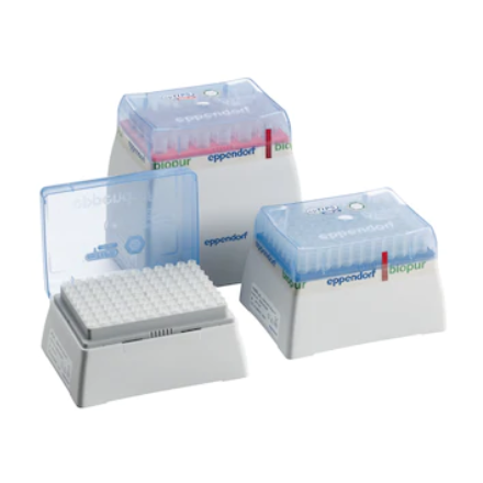 Three epTIPS Racks (0.1-5mL, PCR Clean, Violet, 5x24, 120 Tips by Eppendorf) are shown; one rack is open to display the pipette tips inside.
