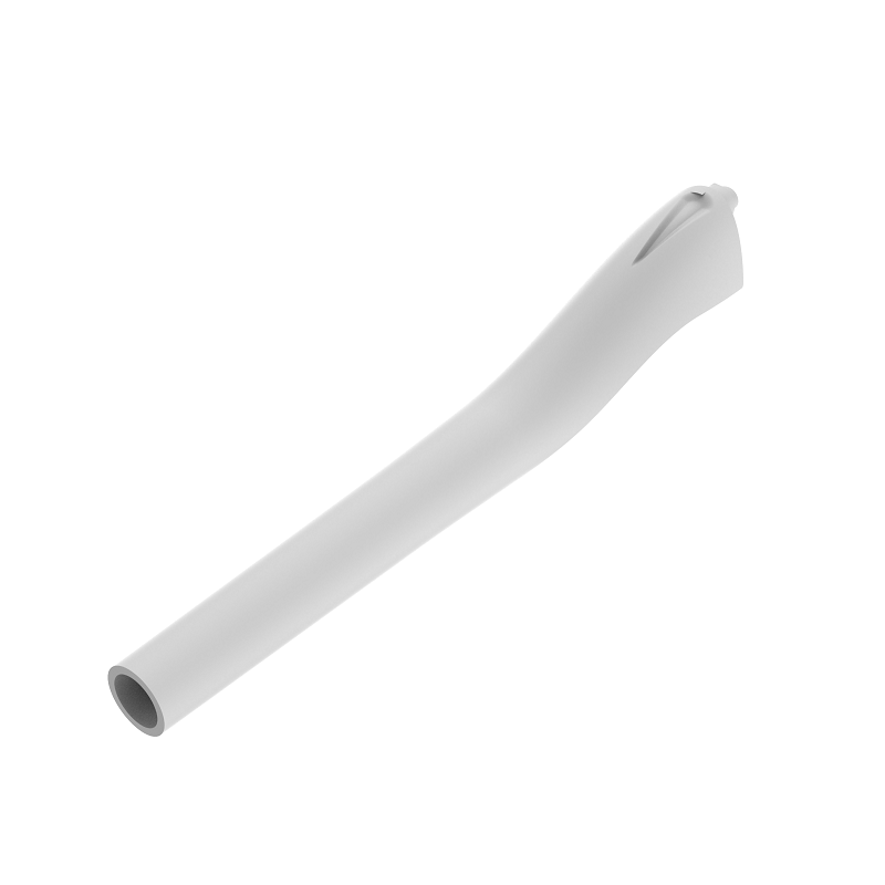 GI F107030___ The Pipetman Plastic Tip Ejector for Gilson models P200, P200N, P200G, and P200L is a white, elongated plastic nozzle with an open end and slightly curved shape, shown on a plain background.