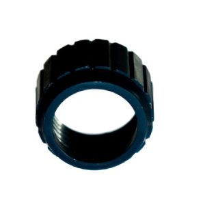 A black plastic Coupling/Connecting Nut with vertical grooves, designed for all volumes of Gilson Pipetman Classic, Neo, and G pipettes, shown against a white background.