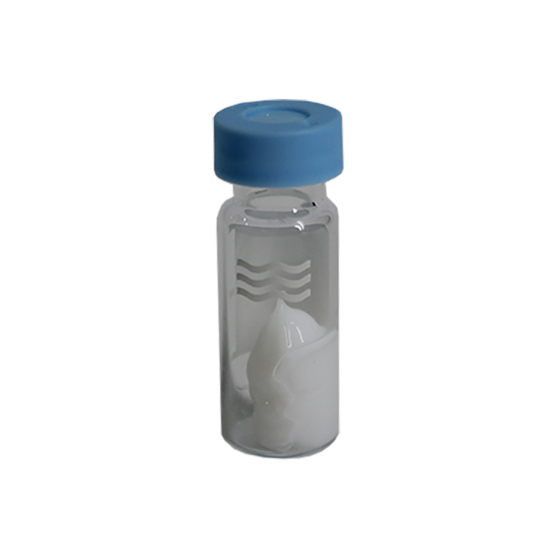 A small clear glass vial with a blue cap, like those for Gilson Pipetman maintenance, contains 1 gram of lubricant powder. Product: Pipetman / Pipetman L Lubricant Tube (Gilson).