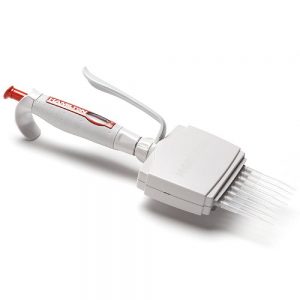 The SoftGrip Adjustable Volume Multichannel Pipette, 8-Channel, 5-50µL (Hamilton) features white and red design with eight tips, ideal for precise liquid handling in laboratories.