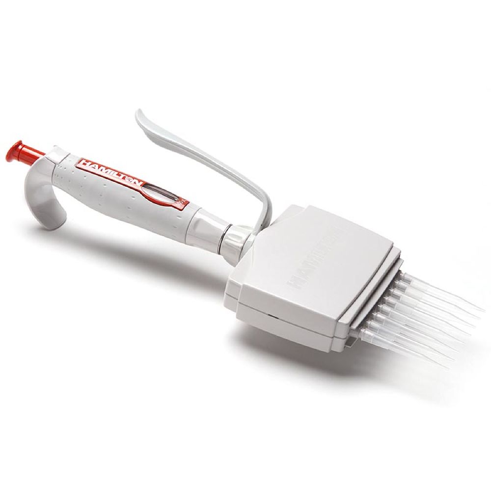 HA 55019-52 The SoftGrip Adjustable Volume Multichannel Pipette, 8-Channel, 5-50µL (Hamilton) features white and red design with eight tips, ideal for precise liquid handling in laboratories.