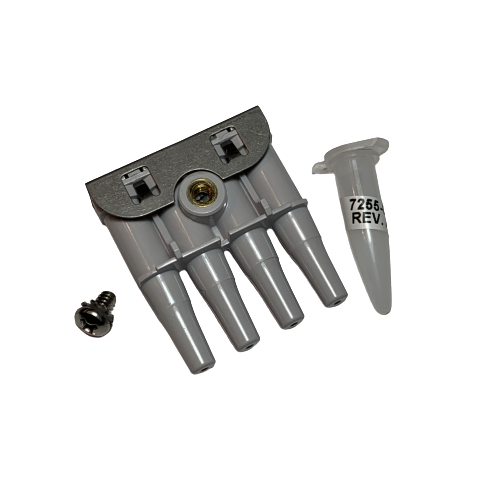 HA 6385-02 A SoftGrip Piston Chamber Assembly, Multichannel, 300μL (Hamilton), gray plastic with three ports, a metal screw, and a labeled conical vial are arranged on a white background.