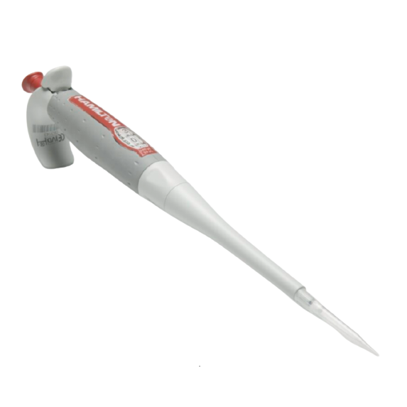 HA55019-38_ A SoftGrip Adjustable Volume Single Channel Pipette 30-300µL (Hamilton) with a gray and white body and red push button is displayed on a white background.