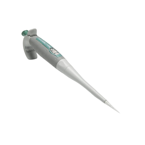 HA_55019-30 The SoftGrip Adjustable Volume Single Channel Pipette 0.2-2µL (Hamilton) is a gray and white pipette with a digital display and green button, providing precise measurement for lab use.