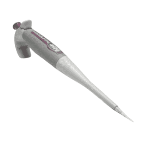 The SoftGrip Adjustable Volume Single Channel Pipette 0.2-2µL (Hamilton) features a pink plunger and white tip, ideal for precise liquid measurement and transfer in laboratory settings.