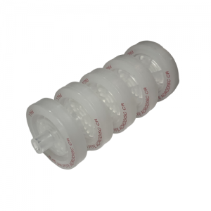 Five FastPette, Stripettor & Swiftpet PTFE membrane filters (0.45µM, autoclavable, 5pk by Labnet) are stacked in a row with labeled edges on a white background, ideal for reliable laboratory filtration.