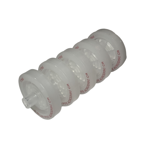 Five FastPette, Stripettor & Swiftpet PTFE membrane filters (0.45µM, autoclavable, 5pk by Labnet) are stacked in a row with labeled edges on a white background, ideal for reliable laboratory filtration.