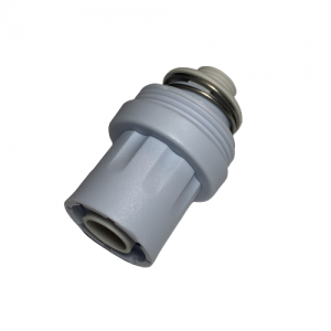 A close-up of a gray plastic Labnet Excel Shaft Nut / Piston Cover Assembly, 200μL, featuring threaded ends for connecting pipes or hoses.